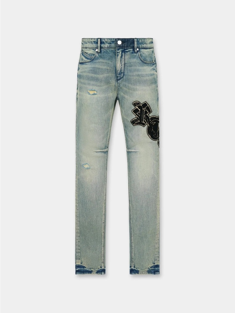 RtA Light Wash Skinny Jeans with Black Embroidered Logo Patch